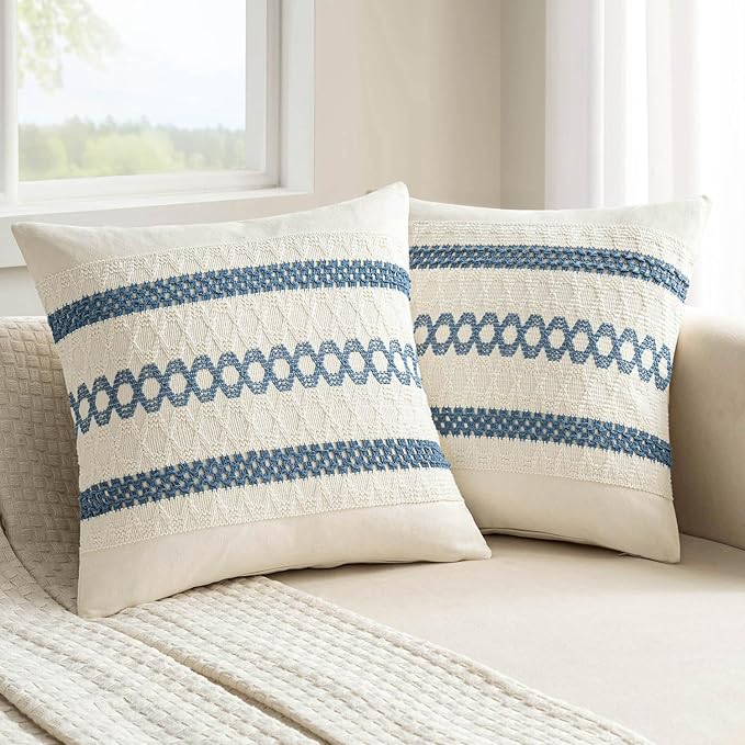 MIULEE Set of 2 Coastal Blue Boho Decorative Pillow Covers 20x20 Inch Farmhouse by MIULEE