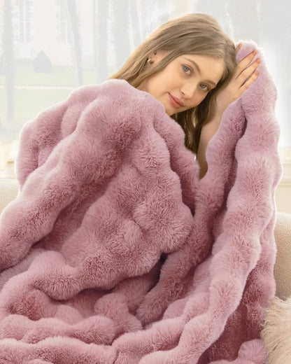 Ultra Soft Cozy Faux Fur Throw Blanket, Fuzzy Plush Thick Bubble Blanket - Image 8