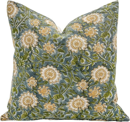Designer Floral on Natural Linen Pillow Cover | Blue Green and Mustard Pillow - Image 3