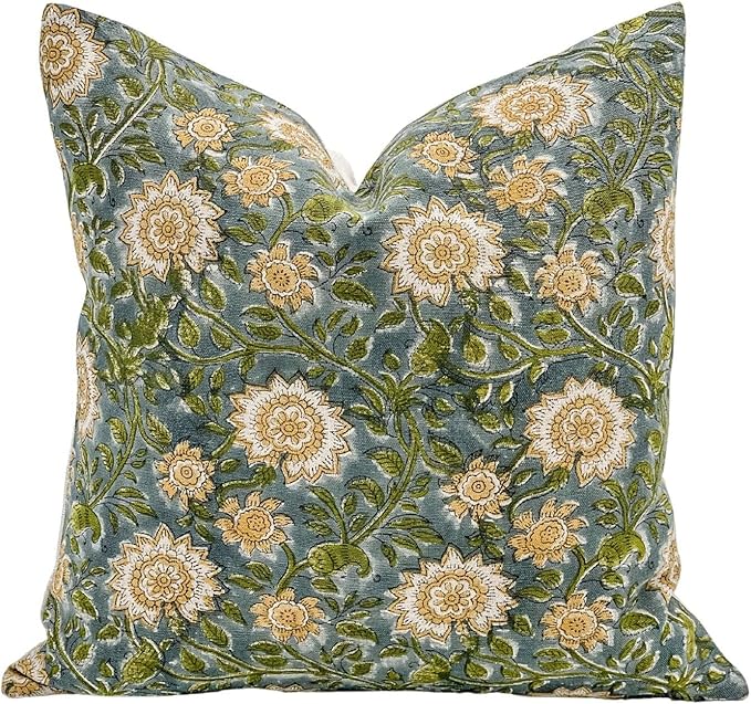 Designer Floral on Natural Linen Pillow Cover | Blue Green and Mustard Pillow - Image 3
