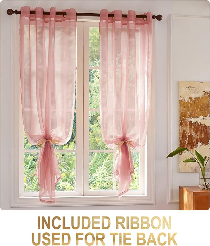 Stripe Pink Sheer Curtains 63 Inch Length 2 Panels - Image 2