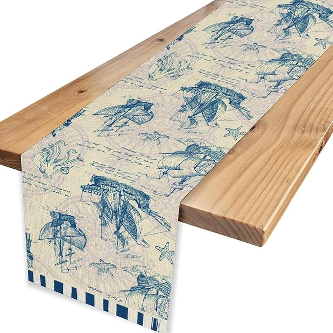 Nautical Table Runner, Retro Coastal Sailing Ship Compass Starfish Octopus - Image 4