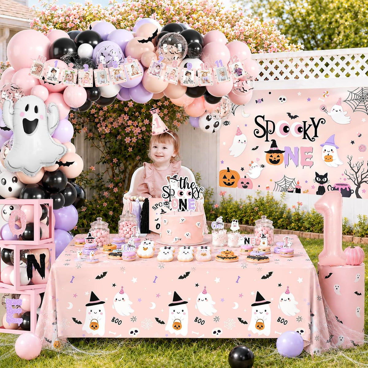 Spooky One Birthday Decorations Girl, 276 Pcs Pink Halloween 1st Birthday Party Decorations with Spooky One Plates,Napkins,Banner,Backdrop,Tablecloth and Balloon Arch for Ghost First Birthday