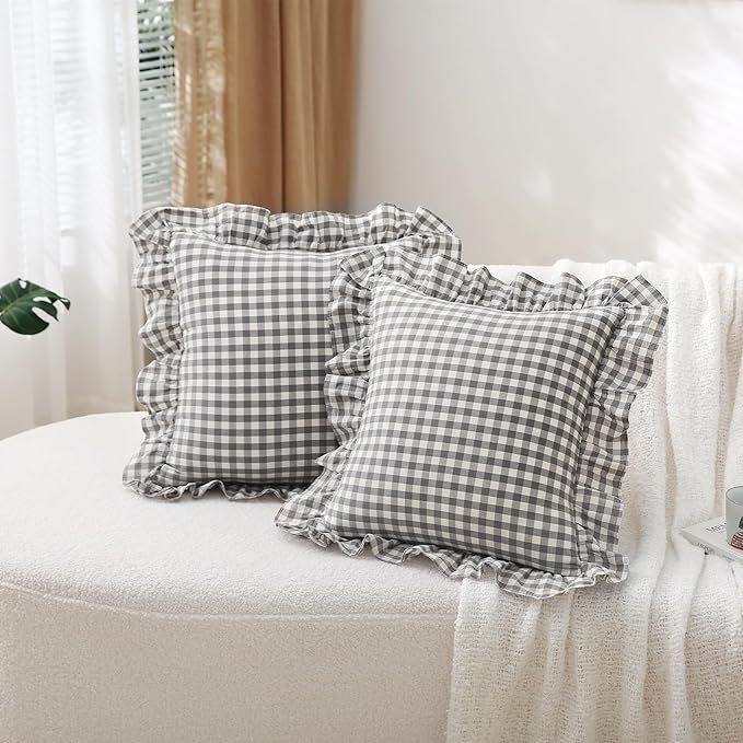 2 Pack Grey White Plaid Ruffle Throw Pillow Covers 18x18 inches, 100% Cotton - Image 7