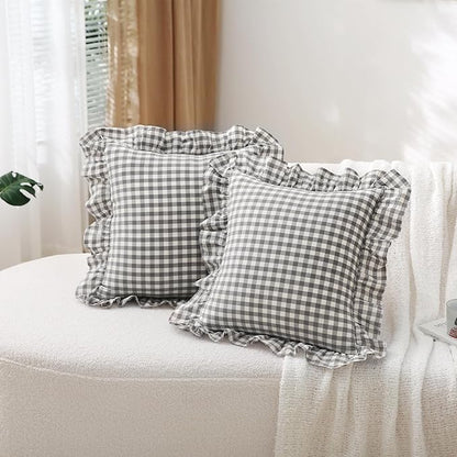 2 Pack Grey White Plaid Ruffle Throw Pillow Covers 18x18 inches, 100% Cotton - Image 7