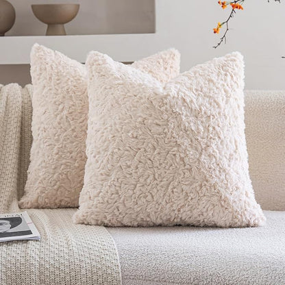 Neelvin Set of 2 Faux Fur Throw Pillow Covers 24x24 Inch Beige Cozy Soft Solid by Neelvin