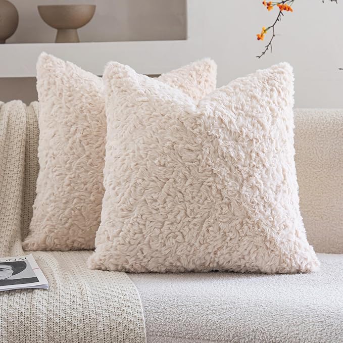 Neelvin Set of 2 Faux Fur Throw Pillow Covers 20x20 Inch Beige Cozy Soft Solid by Neelvin
