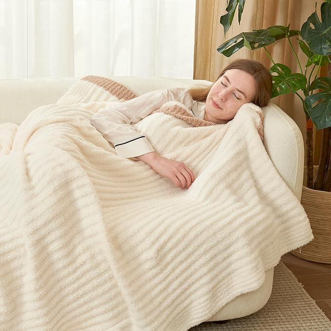 Snuggle Sac Fluffy Ribbed Cream Blanket Twin Size, Soft Luxurious Knit Throws - Image 5