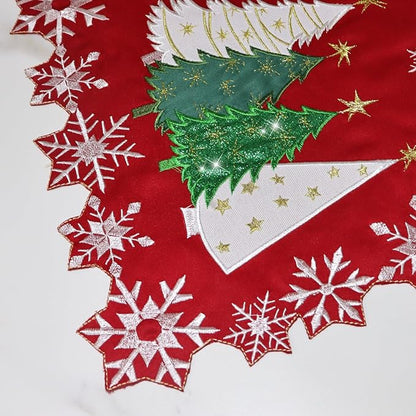 Christmas Tree Table Runner Embroidered Xmas Red White Snowflakes Runners Snow - Image 5