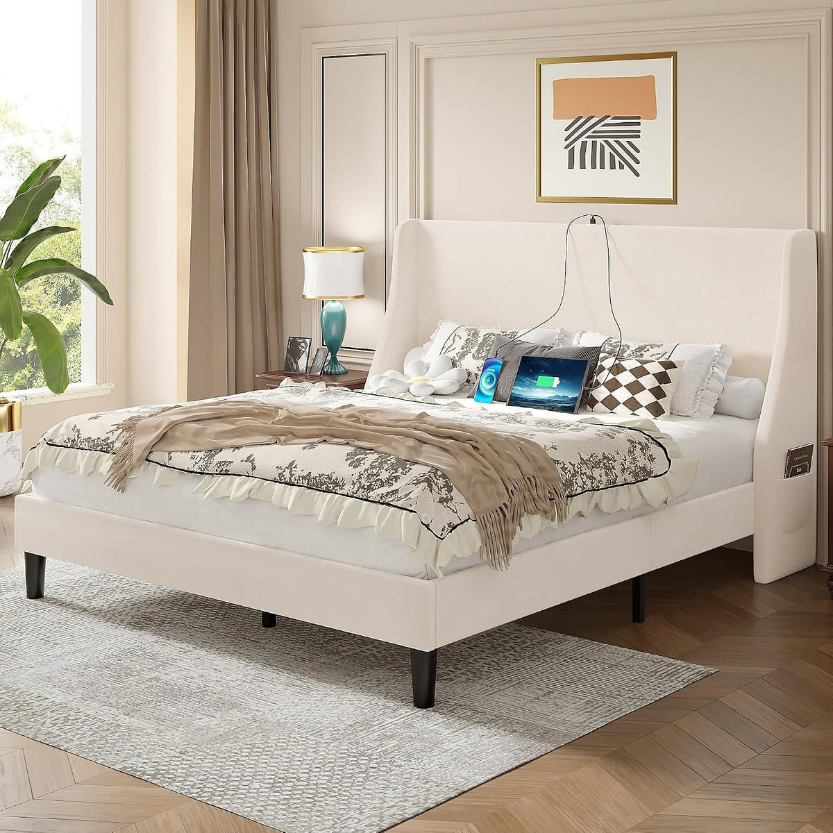 vecelo queen bed frame with upholstered wingback headboard on a desk or shelf