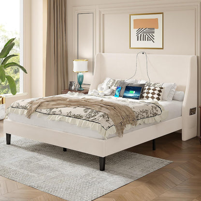 vecelo queen bed frame with upholstered wingback headboard on a desk or shelf