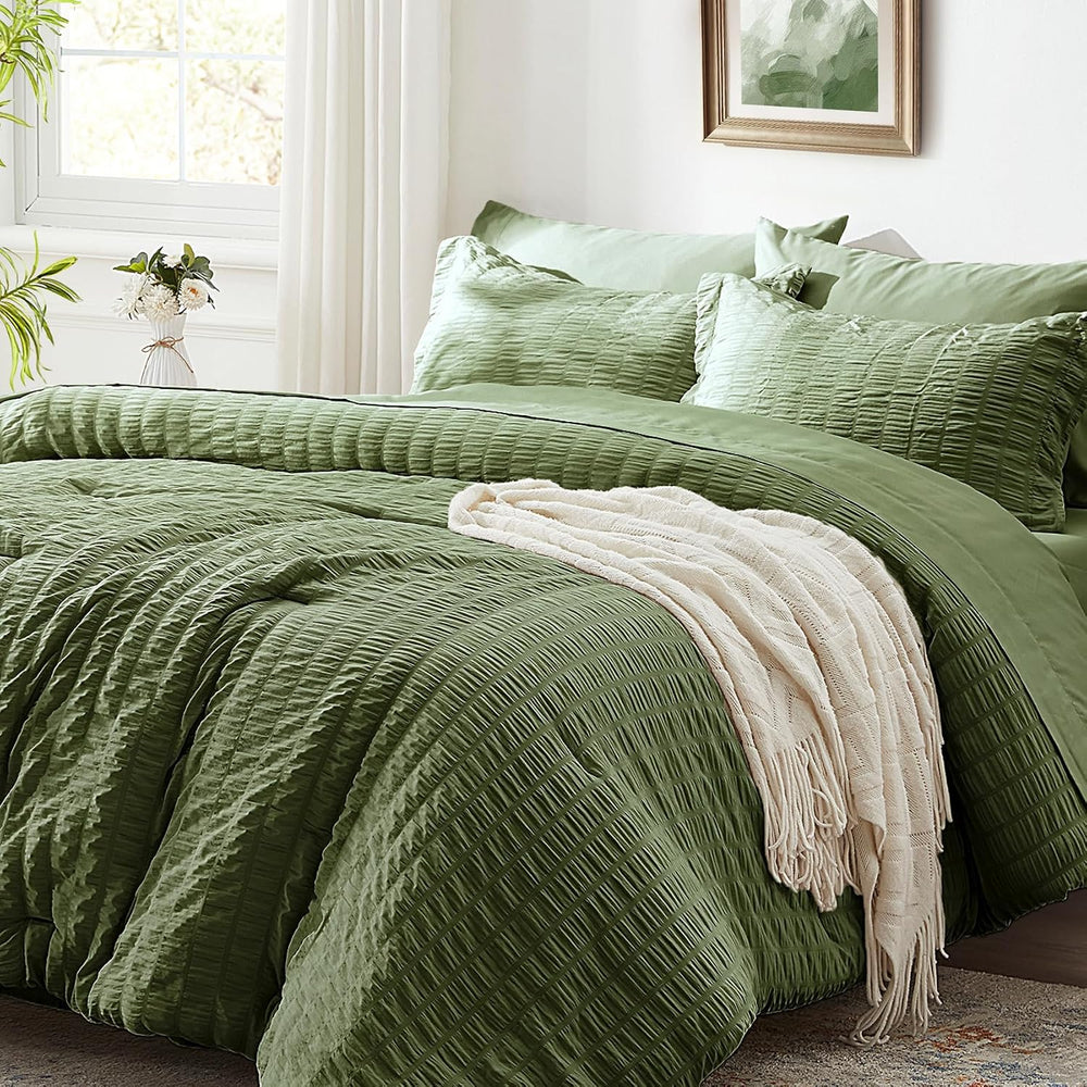 Queen Comforter Set 7 Piece, Green Bed in a Bag Queen Bedding Sets