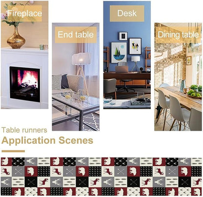 Farmhouse Bear Deer Table Runner, Retro Rustic Village Buffalo Plaid Table - Image 5