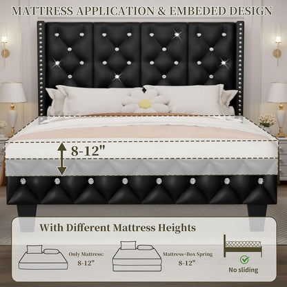 upholstered full size bed frame with headboard & on a desk or shelf