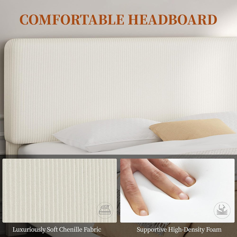Yaheetech Twin Bed Frame, Adjustable Chenille Upholstered Headboard, Beige