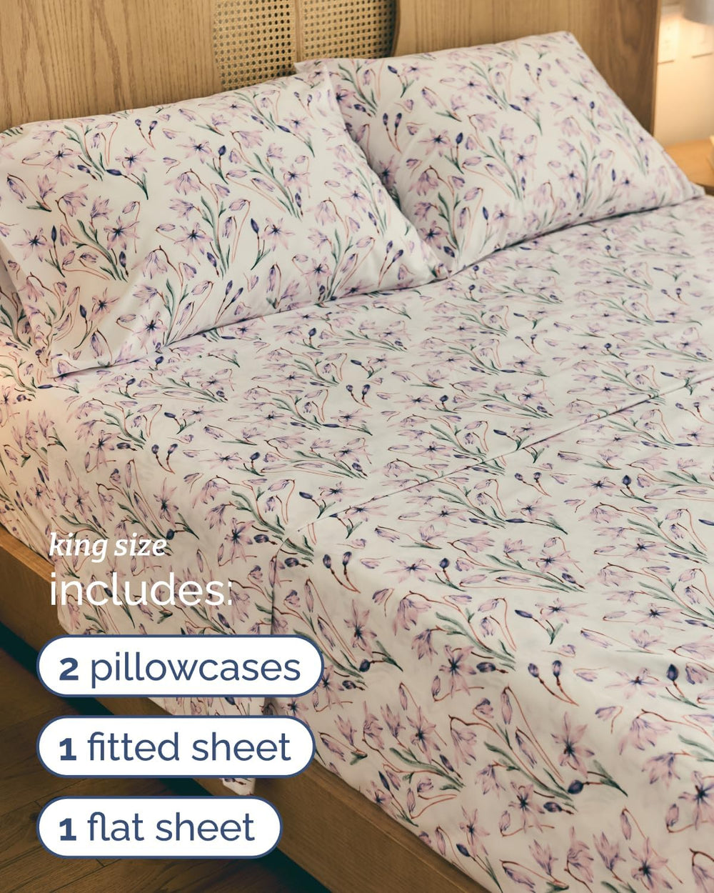 King 3 Piece Boho Botanical Floral Sheet Set - Breathable & Cooling - Iris