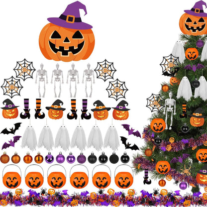 44 Pcs Halloween Tree Ornaments Decorations Witch Hat Pumpkin Tree Topper Pumpkin Bucket Skeleton Skull Ghost Spider Bat Witch Leg Hanging Ornaments Tinsel Garland for Halloween Party Decor