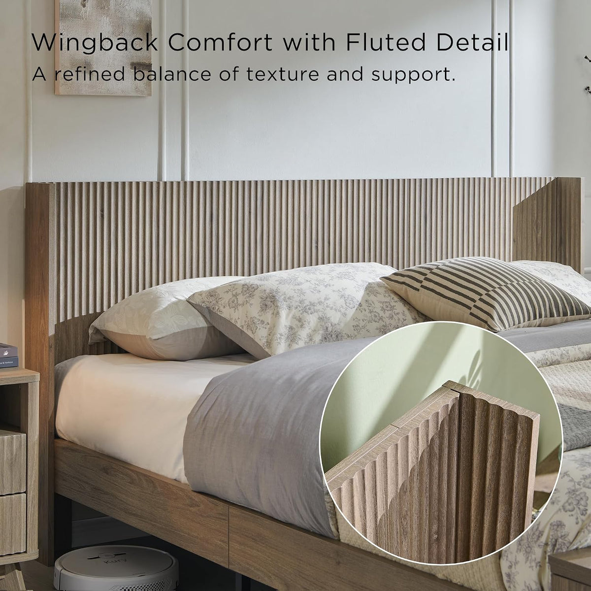 t4tream fluted king bed with headboard and storage showing dimensions