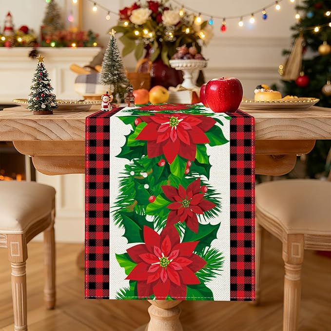 OTOSTAR Black and Red Buffalo Check Plaid Holly Christmas Flowers Table Runner - Image 2