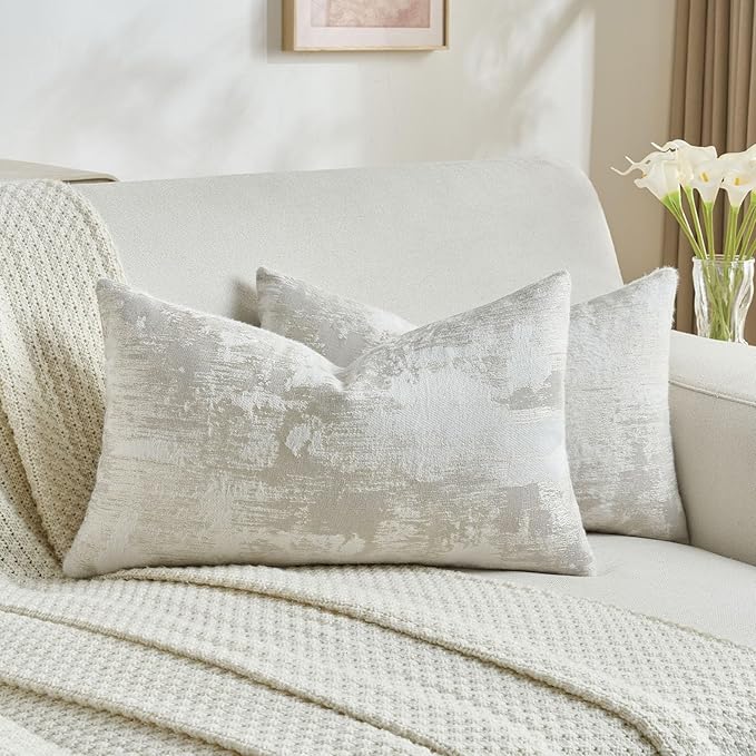 FUTEI Beige White Decorative Throw Pillow Covers 12x20 Inch Set of 2, Soft Faux by FUTEI