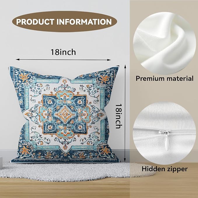 Bohemian Pillow Covers | Vintage Floral & Carpet Design | Double Sided Blue - Image 2