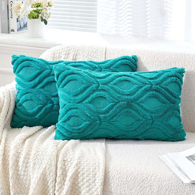 MIULEE Teal Throw Pillow Covers 12x20 Inch, Soft Winter Plush Faux Wool Couch by MIULEE