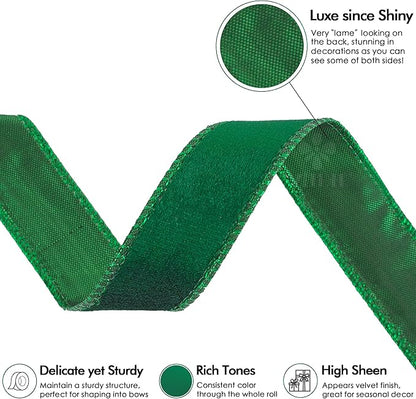 MEEDEE Dark Green Velvet 1 inch Thin Hunter Green Wired Ribbon 25 Yards Spool - Image 3