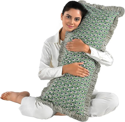 Ridhi Basil Green 100% Cotton Block Print Ruffle Lumbar Sham Cover Handmade - Image 8