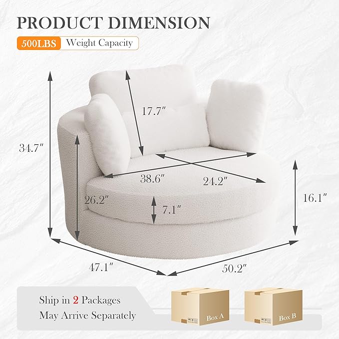 Aoiy & Wifon 50.2'' W Oversized Swivel Barrel Chair, Ivory Swivel Accent Chair - Image 2