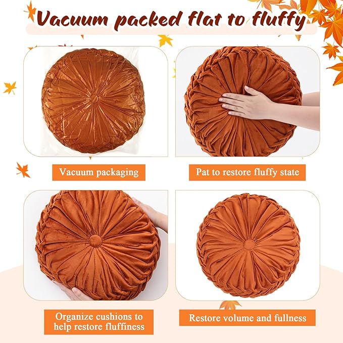 4 Pcs Round Throw Pillows Decorative Velvet Pleated Throw Pillows 15'' Diameter - Image 4