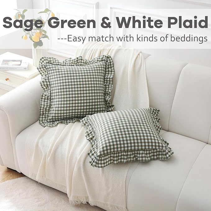 2 Pack Sage Green Plaid Ruffle Gingham Throw Pillow Covers, 100% Washed Cotton - Image 2