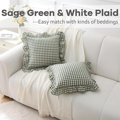 2 Pack Sage Green Plaid Ruffle Gingham Throw Pillow Covers, 100% Washed Cotton - Image 2