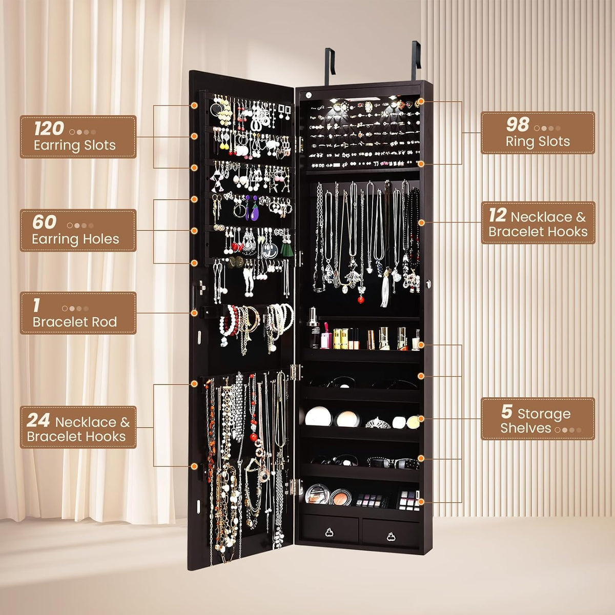 nafort 2 leds mirror jewelry cabinet, 47.5-inch tall shown in use