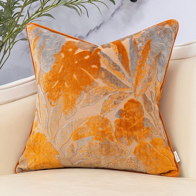 Yangest Orange Leaf Square Pillow Cover Cut Velvet Cushion Cover Luxury Modern by Yangest