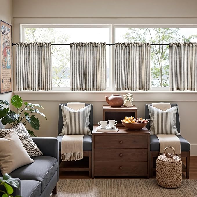 jinchan Striped Linen Kitchen Curtains 24 Inches Length Tier Curtains Farmhouse - Image 3