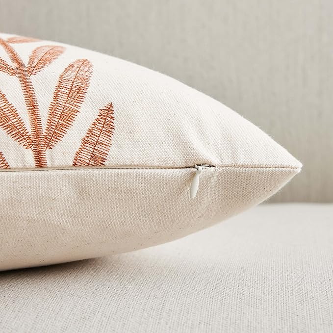 100% Cotton Farmhouse Leaves Throw Pillow Covers Set of 2, 24x24 Inch Terracota - Image 3