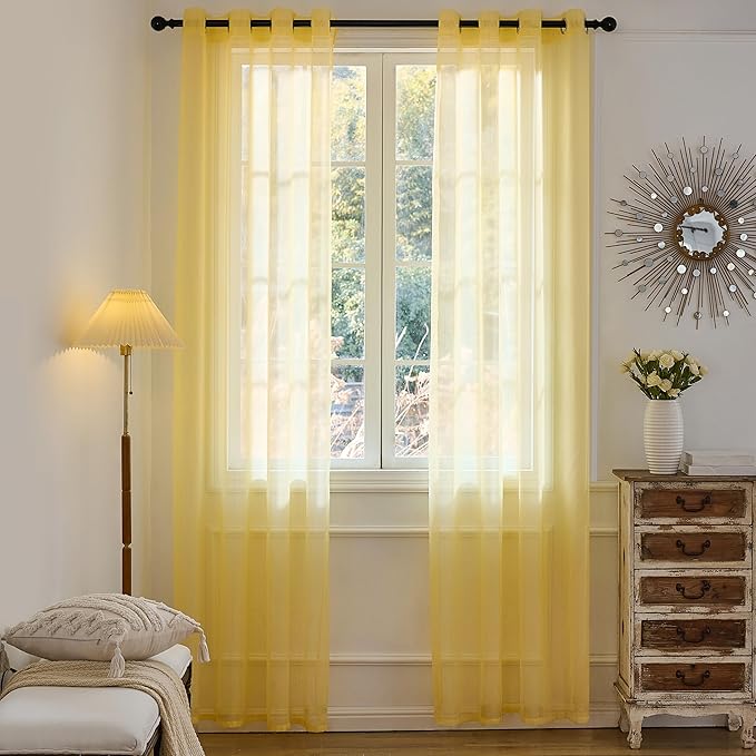 Foil Stripe Mustard Yellow Sheer Curtains 96 inches Length 2 Panels by MISSTIAM