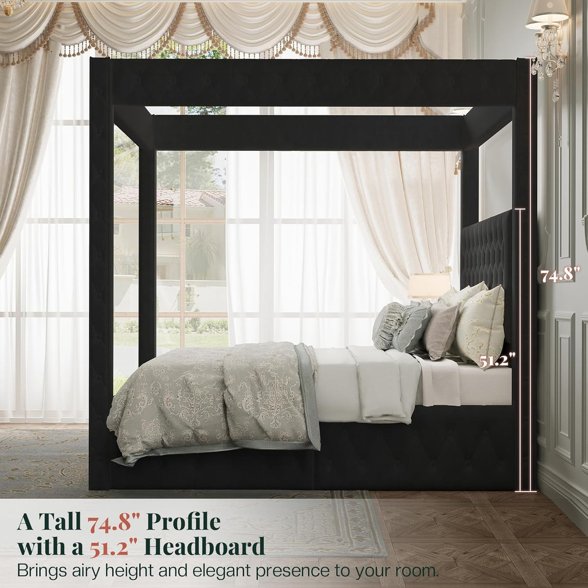 jocisland queen canopy bed frame velvet upholstered headboard, side view