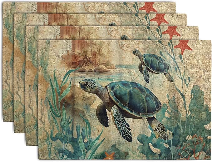 Sea Turtle Placemats Set of 4 Summer Beach Seasonal Linen Table Mats 12x18 Inch by Wnoesat