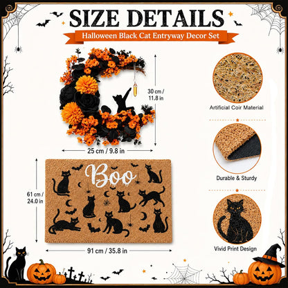 Thiccywoov 2 Pcs Halloween Black Cat Doormat and Wreath Sets for Front Door