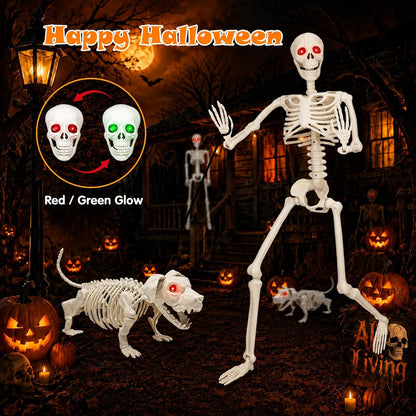 36'' Halloween Skeleton Decoration with Dog: Posable Skeleton Glowing Eyes