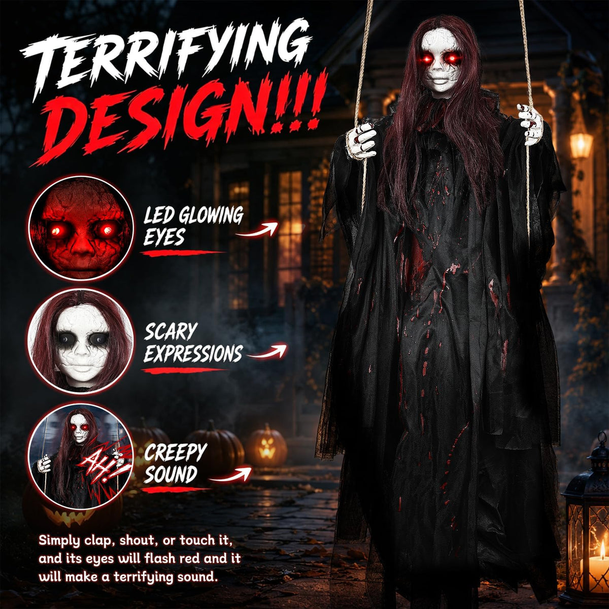 59" Scary Hanging Ghost Girl Halloween Decoration – Sound & Touch Activated Swinging Doll with Red Eyes & Creepy Sounds, Outdoor/Indoor Decor for Haunted House, Graveyard, Yard & Party