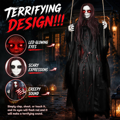 59" Scary Hanging Ghost Girl Halloween Decoration – Sound & Touch Activated Swinging Doll with Red Eyes & Creepy Sounds, Outdoor/Indoor Decor for Haunted House, Graveyard, Yard & Party