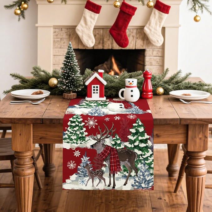 Artscope Reindeer Snowman Christmas Tree Table Runner, Xmas Winter Snowflakes - Image 2