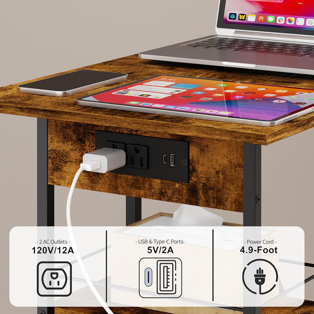 Rolling Side Table, TV Trays, C Table with Charging Station, Storage Drawer