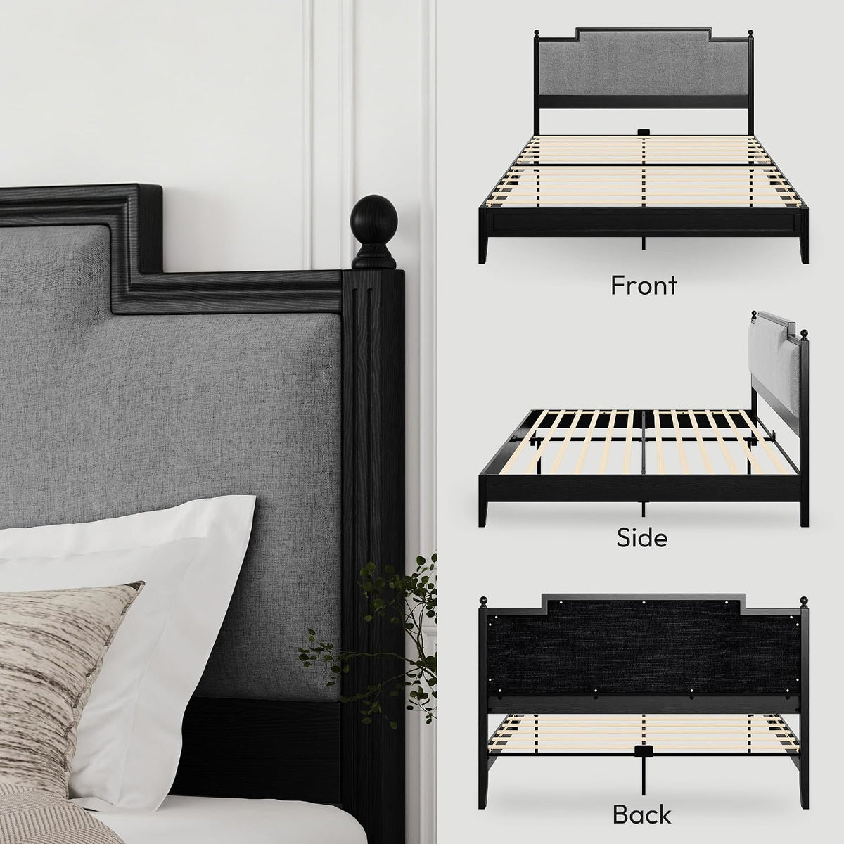 king size bed frame with 50.2" tall upholstered showing dimensions