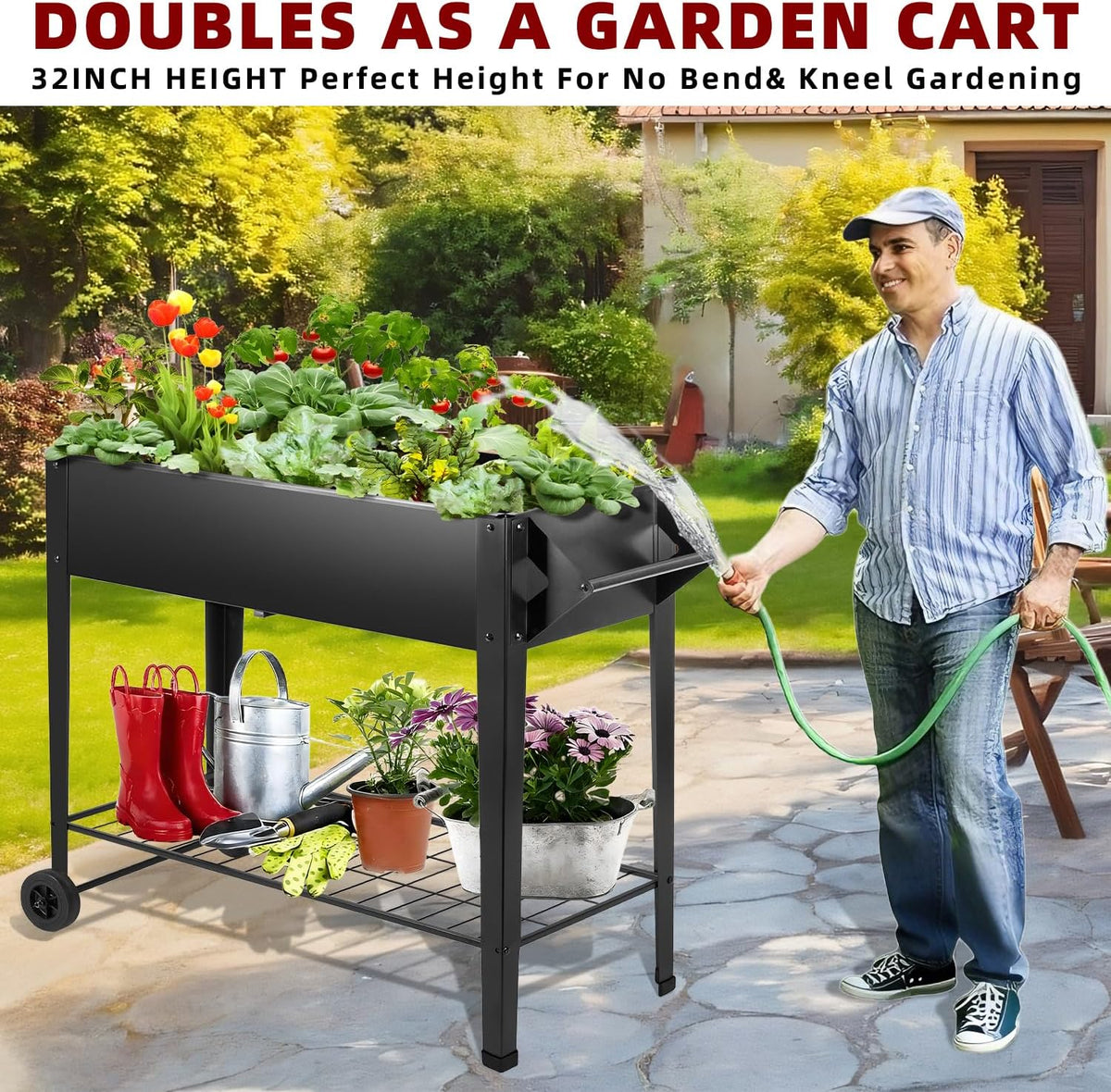 dnkmor 32in tall raised garden bed with wheels shown in use