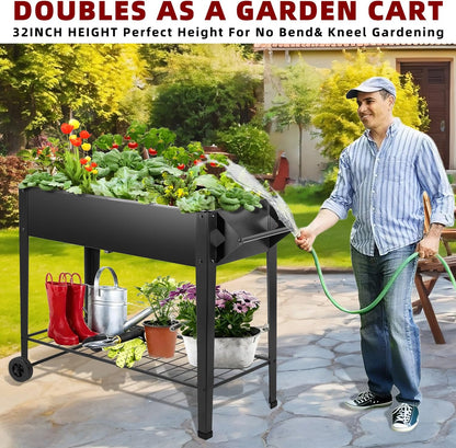 dnkmor 32in tall raised garden bed with wheels shown in use