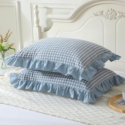 Blue Plaid Ruffle Pillow Shams Standard Size Set of 2, Shabby Checkered Washed - Image 3
