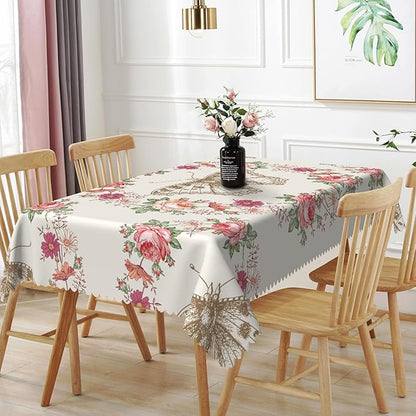 60x102inches Floral Rectangle Tablecloth Red Rose Flower Butterfly Printed by TTQYFNM